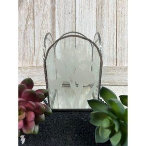 Etched glass iris candle trinket holder with mirrored bottom